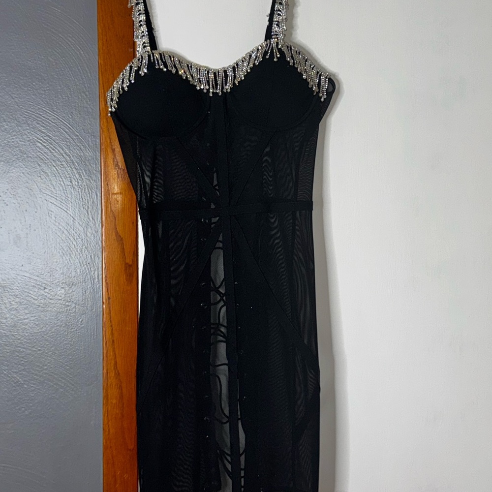 Black Sheer Dress with Beaded Straps/ Ties in the back to make looser or tighter
